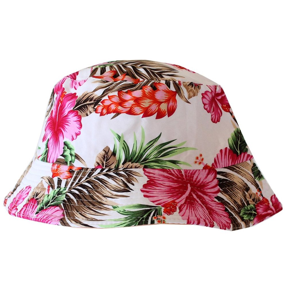Women Fashion Flower Printed Reversible Bucket Fisherman Cotton Hat - White/Pink
